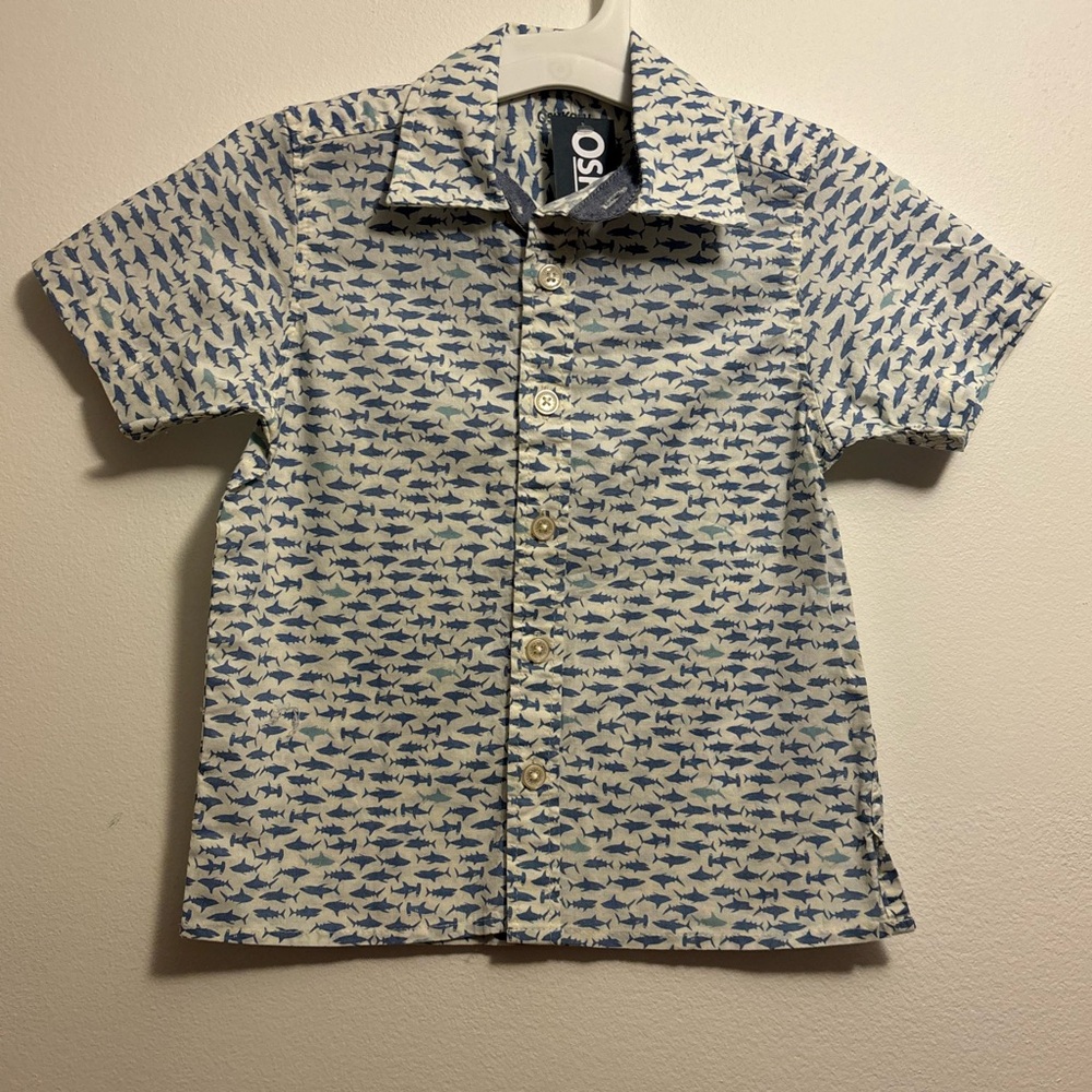 OshKosh B'gosh Blue and White Button Down Shark Print Shirt